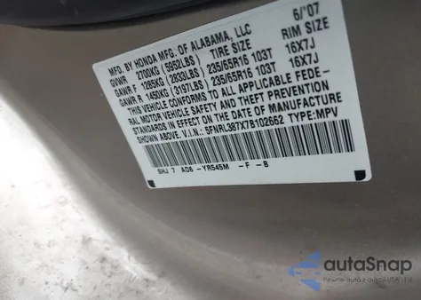 2007 Honda Odyssey Ex-L z USA, uszkodzony, nr VIN 5FNRL387X7B102662